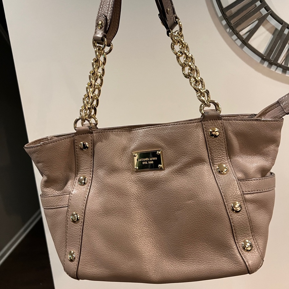 Michael Kors Delancy  Leather Shoulder Bag Leather Gold Stud